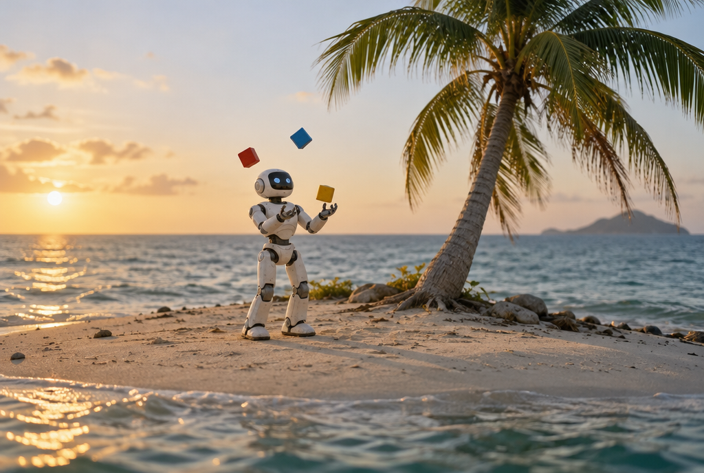 A small white humanoid robot, alone on the sand of a tiny tropical island with a single palm tree, juggles three brightly colored wooden cubes in the late-afternoon sun