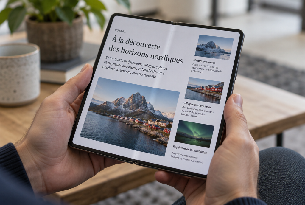 Close-up of the large matte screen of an open foldable phone, held in both hands and seen at an angle: a slight vertical line in the middle catches the light, while the displayed page remains perfectly readable