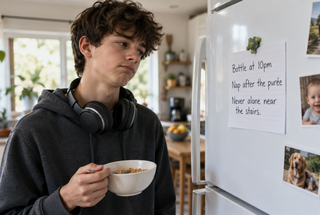 A handwritten note for the babysitter stuck to a fridge door with a magnet, featuring instructions that have become absurd: bottle at 10 p.m., nap after purée, never alone near the stairs. Right next to it, a photo of the baby he used to be. In front of the fridge, a teenager, headphones around his neck and a bowl of cereal in his hand, reads the note, looking dismayed