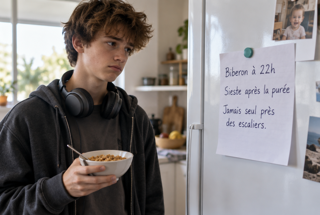 Un mot manuscrit pour la baby-sitter aimanté sur la porte d'un frigo, avec des consignes devenues absurdes : biberon à 22 heures, sieste après la purée, jamais seul près des escaliers. Juste à côté, la photo du bébé qu'il était. Devant le frigo, un adolescent, casque autour du cou et bol de céréales à la main, lit le mot, l'air consterné