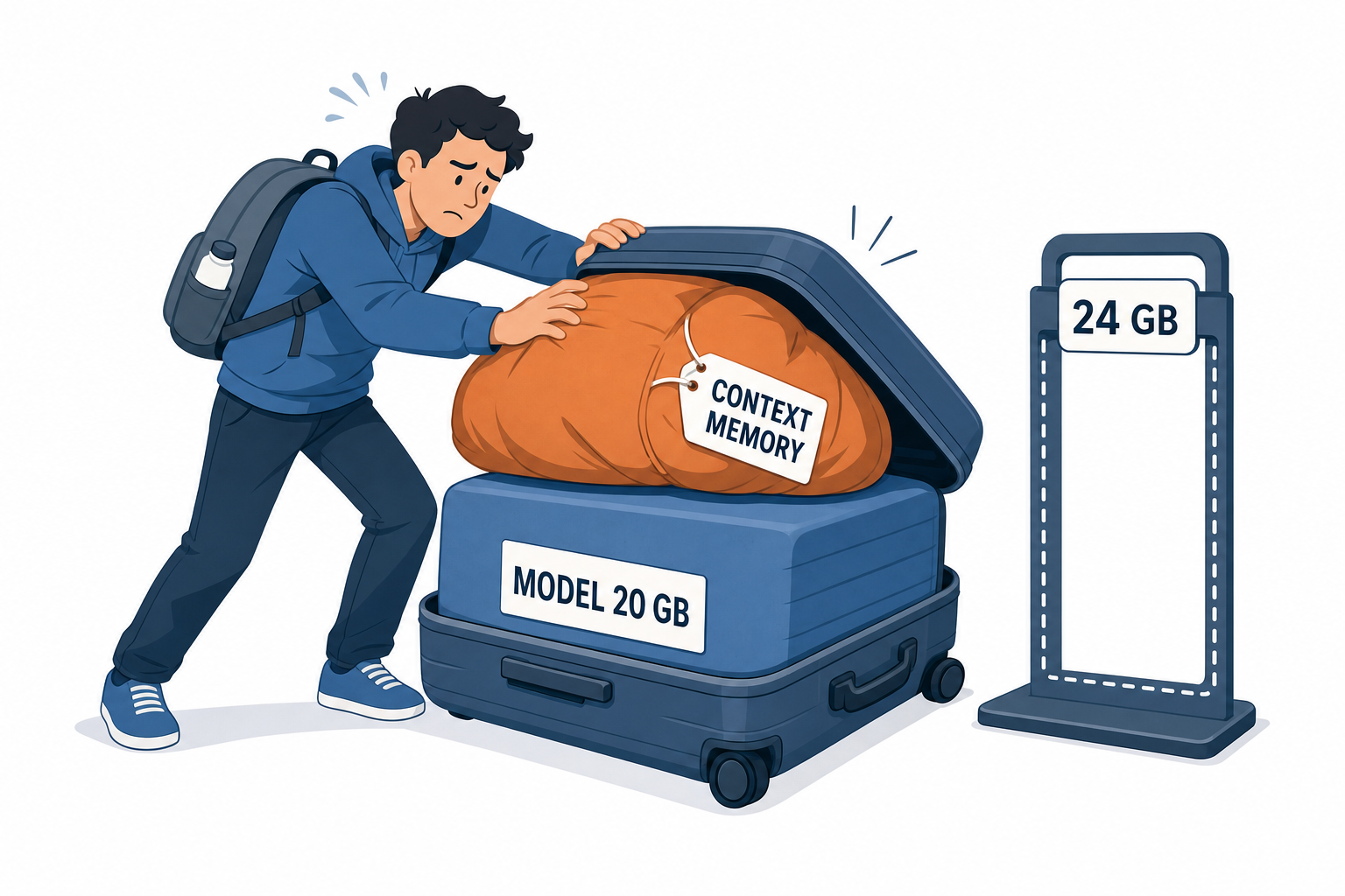 Un voyageur essaie de faire entrer un gros sac étiqueté mémoire du contexte dans une valise déjà remplie par un bloc étiqueté modèle 20 Go, devant un gabarit marqué 24 Go