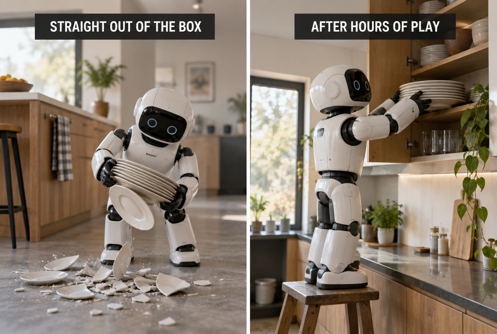 Two halves of the same kitchen with a small white household robot: on the left, “Fresh out of the box”, the robot drops a stack of plates that shatter on the floor; on the right, “After hours of play”, the same robot neatly puts the same plates away on a high shelf