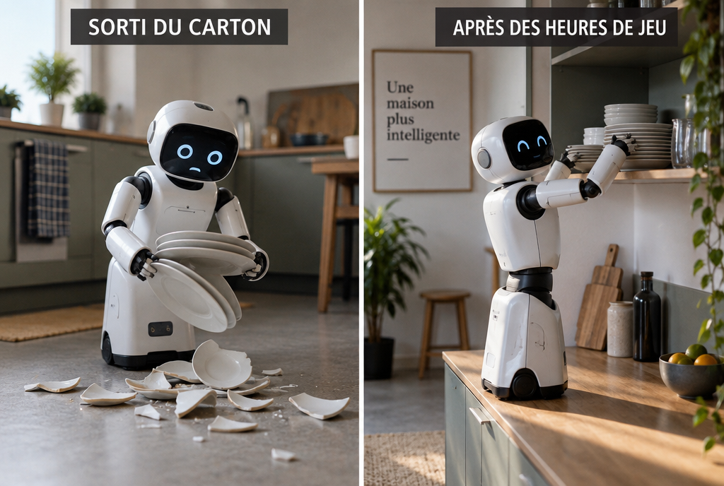 Deux moitiés de la même cuisine avec un petit robot ménager blanc : à gauche, « Sorti du carton », le robot laisse tomber une pile d'assiettes qui se cassent au sol ; à droite, « Après des heures de jeu », le même robot range proprement les mêmes assiettes sur une étagère haute