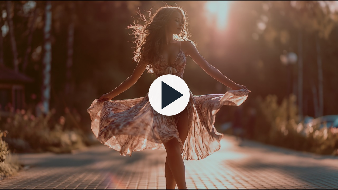 Image du clip, une femme en robe fleurie qui tourne sur elle-même dans une allée ensoleillée, avec un bouton de lecture au centre