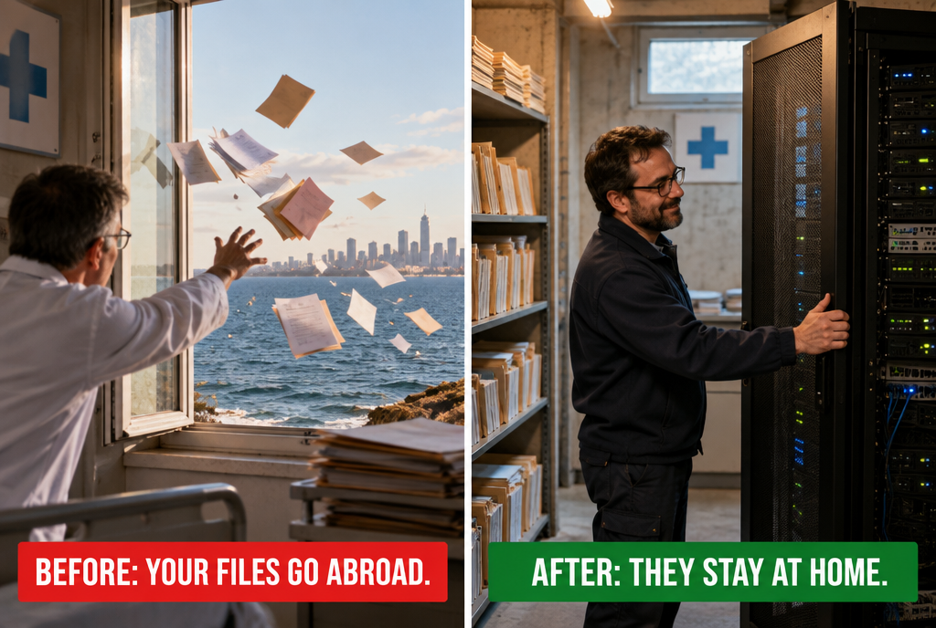 Before and after, side by side: on the left, medical files flying out of a hospital window and heading over the ocean, with the label “Before: your files leave the country” ; on the right, the same files stored in a small server room in the basement of the same hospital, with the label “After: they stay at home”