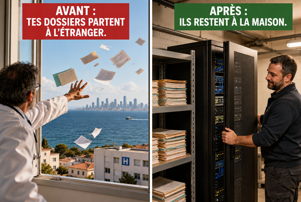 Avant et après, côte à côte : à gauche, des dossiers médicaux qui s'envolent par la fenêtre d'un hôpital et partent au-dessus de l'océan, avec l'étiquette « Avant : tes dossiers partent à l'étranger » ; à droite, les mêmes dossiers rangés dans une petite salle de serveurs au sous-sol du même hôpital, avec l'étiquette « Après : ils restent à la maison »