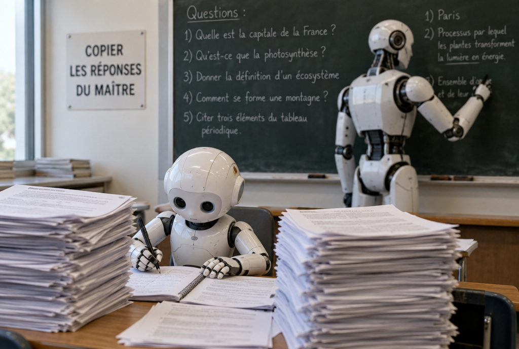 Dans une salle de classe, un petit robot élève recopie fiévreusement des piles de feuilles de réponses pendant qu'un grand robot professeur continue de répondre aux questions au tableau, sous une affiche « Copier les réponses du maître »