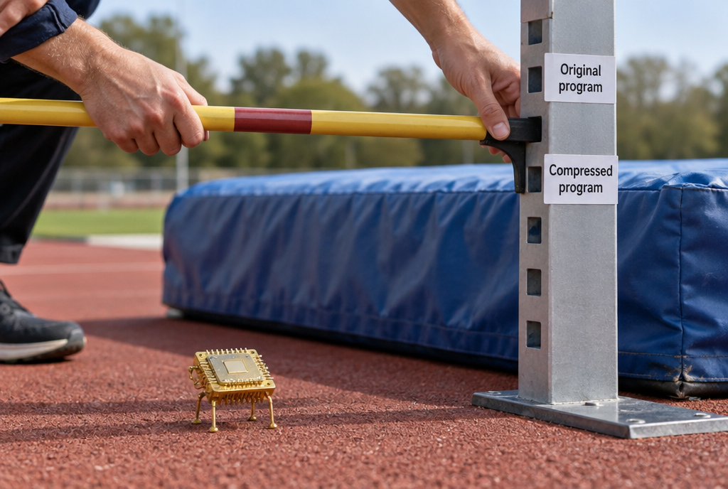 On an athletics track, a high jump bar is lowered one notch by two hands, while a small golden quantum processor waits at the foot of the mat to jump. Two labels: top bar, starting program; bottom bar, compressed program
