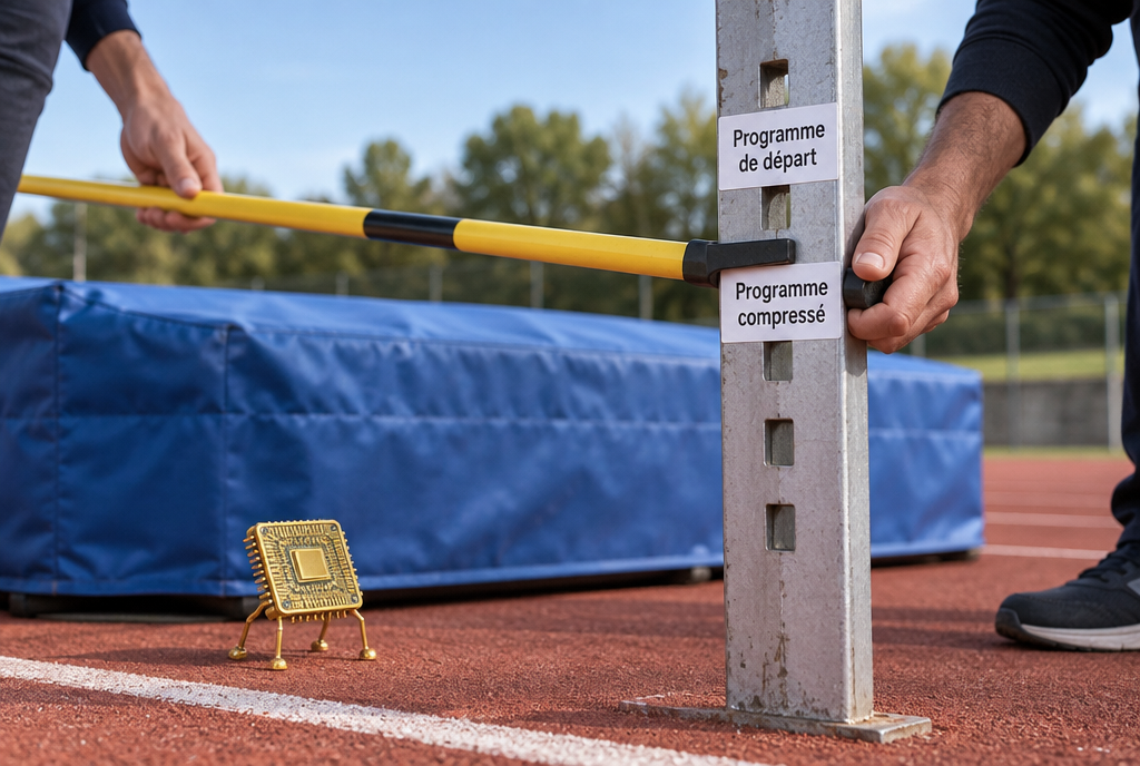 Sur une piste d'athlétisme, une barre de saut en hauteur est abaissée d'un cran par deux mains, pendant qu'un petit processeur quantique doré attend au pied du tapis pour sauter. Deux étiquettes : barre du haut, programme de départ ; barre du bas, programme compressé