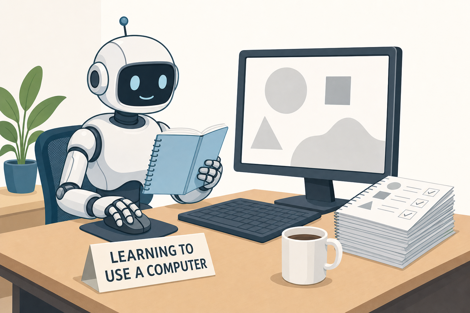 A robot sitting at a desk, its hand on a mouse and an exercise book beside it, learning how to use a computer