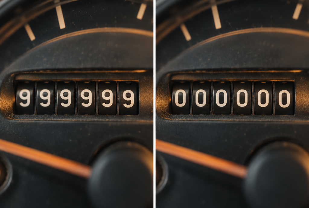 Before and after, side by side, close-up of the same old mechanical odometer: on the left it shows 999999, on the right the numbers have rolled over and show 000000
