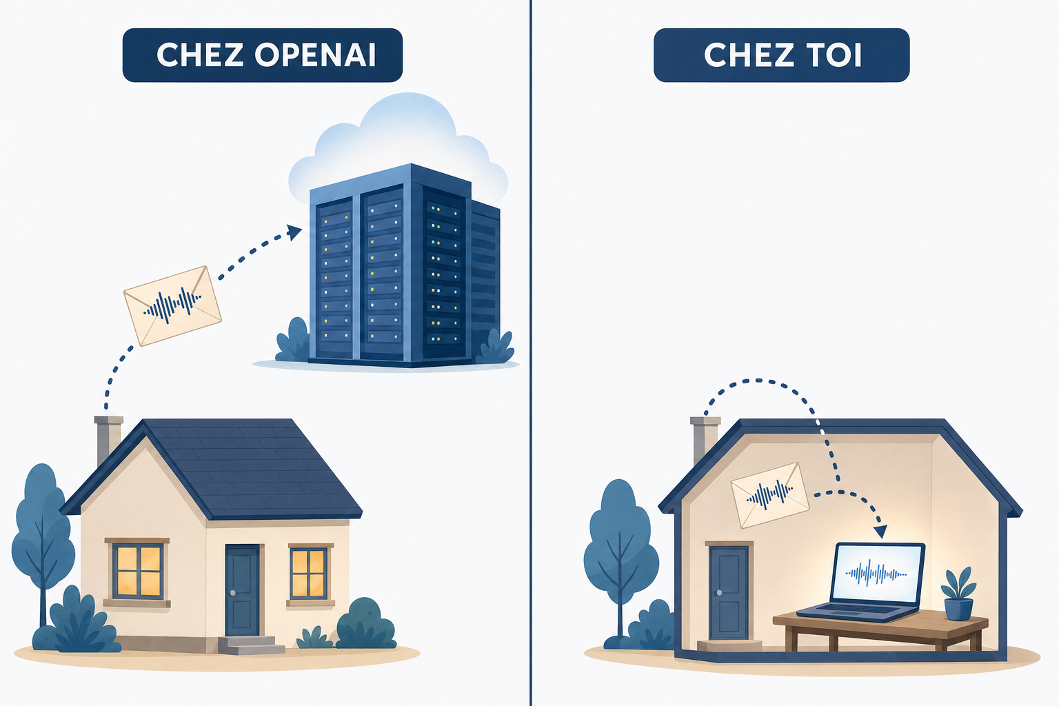 Deux panneaux montrant un enregistrement audio qui quitte la maison vers un centre de donnees, et le meme enregistrement qui reste dans la maison sur un ordinateur portable