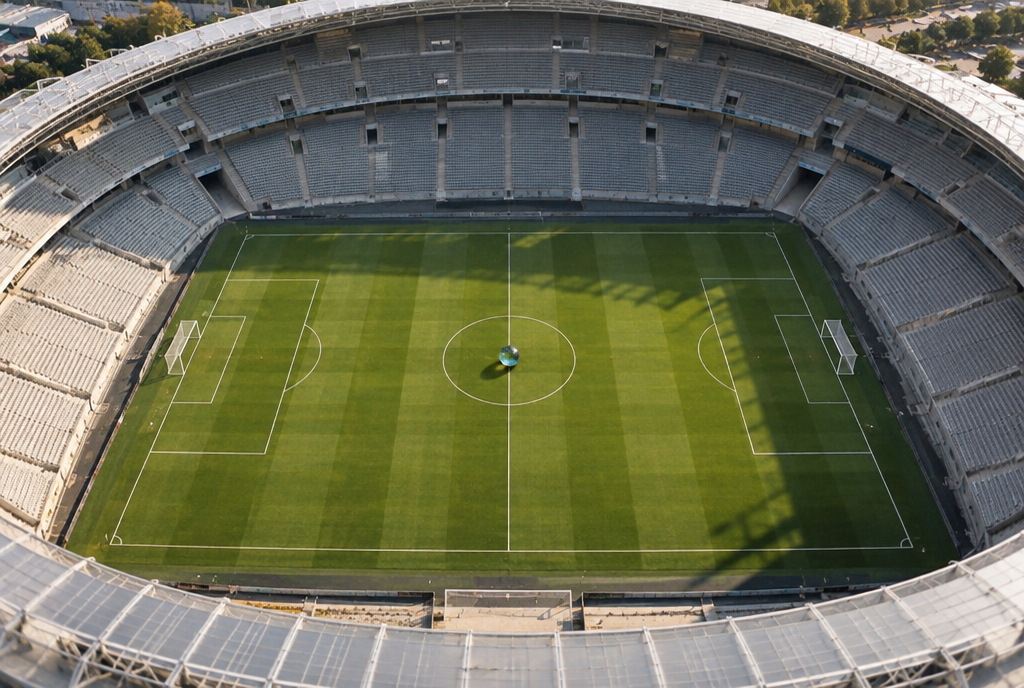 Aerial view of a huge empty football stadium, with a single small glowing marble placed exactly on the center circle of the pitch, tiny compared with the stands