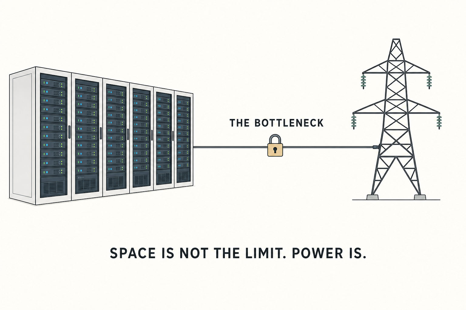 Server racks connected to a pylon by a narrow cable