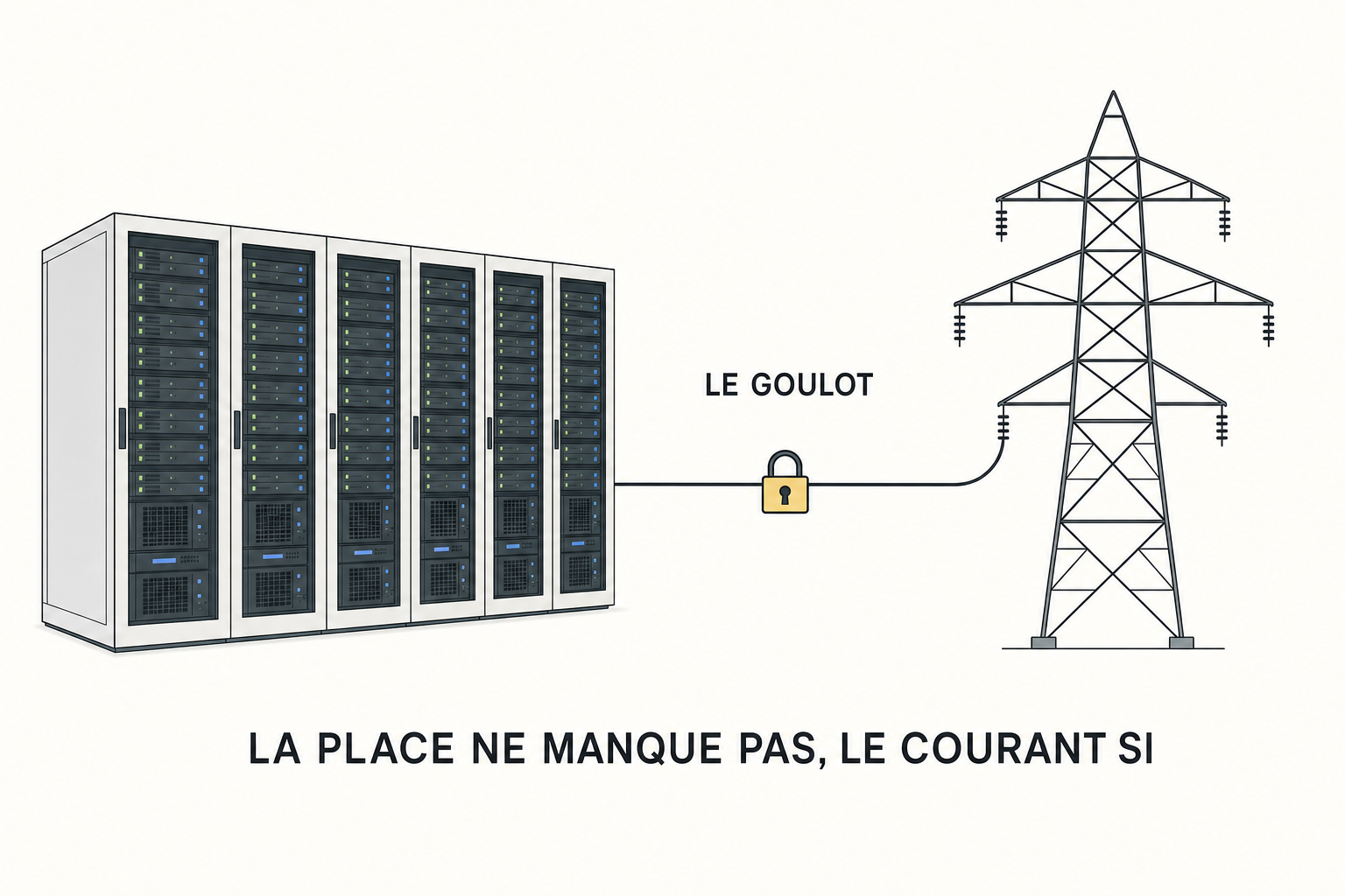 Des baies de serveurs reliees a un pylone par un cable etroit
