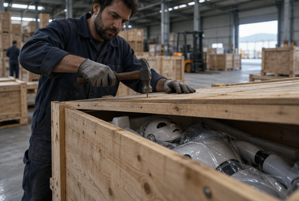 Dans un entrepôt, un technicien referme au marteau le couvercle d'une caisse en bois dans laquelle on devine un robot humanoïde flambant neuf, encore protégé par son film plastique