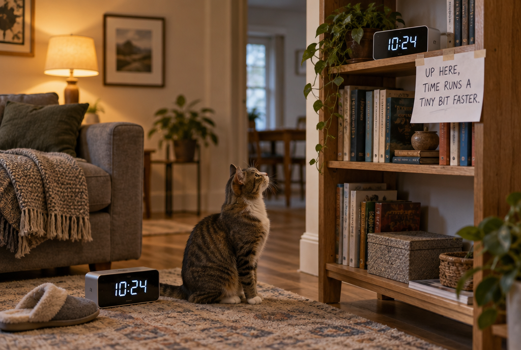 In a living room, two identical digital alarm clocks, one placed on the floor next to a slipper and showing 10:24, the other at the top of a bookcase and showing 10:25, under a label “Up high, time passes a tiny bit faster”, while a cat looks at the upper clock with a puzzled expression