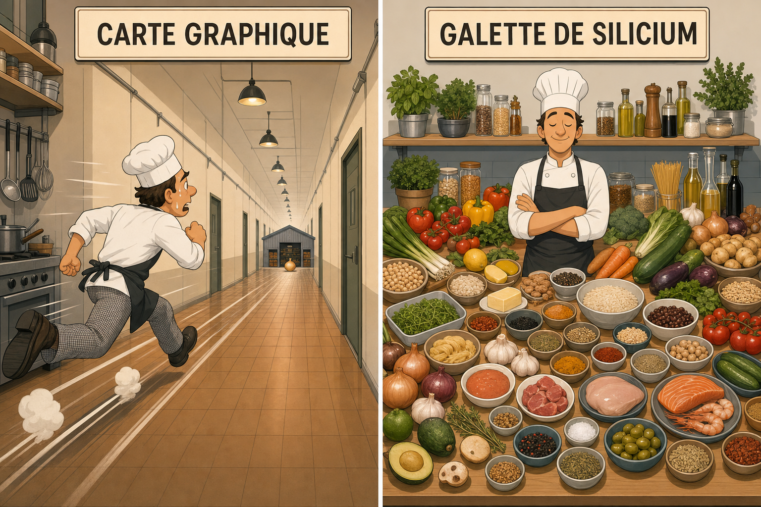 A gauche un cuisinier court dans un tres long couloir pour chercher un seul oignon, a droite le meme cuisinier a tous les ingredients a portee de main