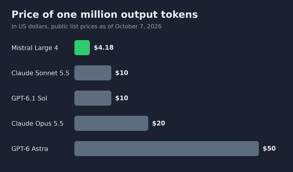 Bar chart showing the price of one million response tokens, in dollars, public prices on October 7, 2026: Mistral Large 4, 4.18 dollars; Claude Sonnet 5.5, 10 dollars; GPT-6.1 Sol, 10 dollars; Claude Opus 5.5, 20 dollars; GPT-6 Astra, 50 dollars
