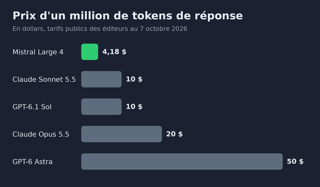 Graphique en barres du prix d'un million de tokens de réponse, en dollars, tarifs publics au 7 octobre 2026 : Mistral Large 4, 4,18 dollars ; Claude Sonnet 5.5, 10 dollars ; GPT-6.1 Sol, 10 dollars ; Claude Opus 5.5, 20 dollars ; GPT-6 Astra, 50 dollars