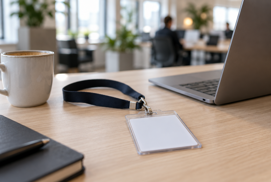 A badge ribbon lying on a desk next to a laptop