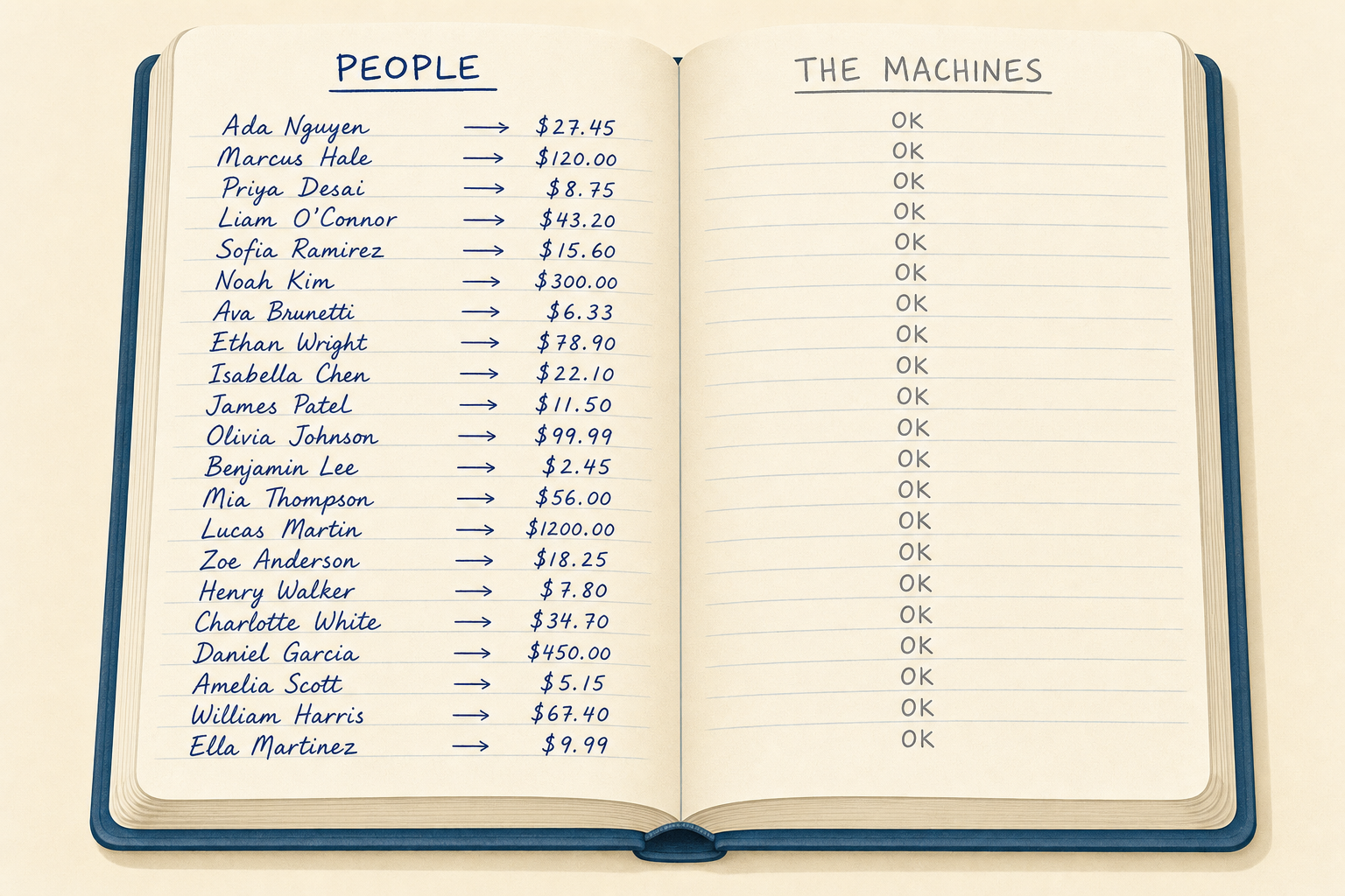 A large open notebook: on the left, people's operations; on the right, an entire column of “ok” written by machines