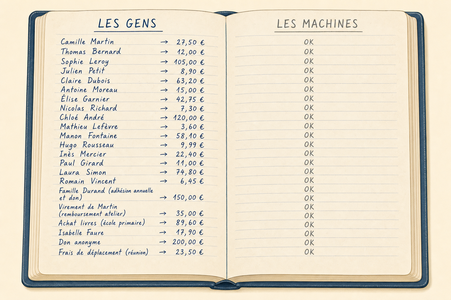 Un grand cahier ouvert : à gauche des opérations de gens, à droite une colonne entière de « ok » écrits par des machines