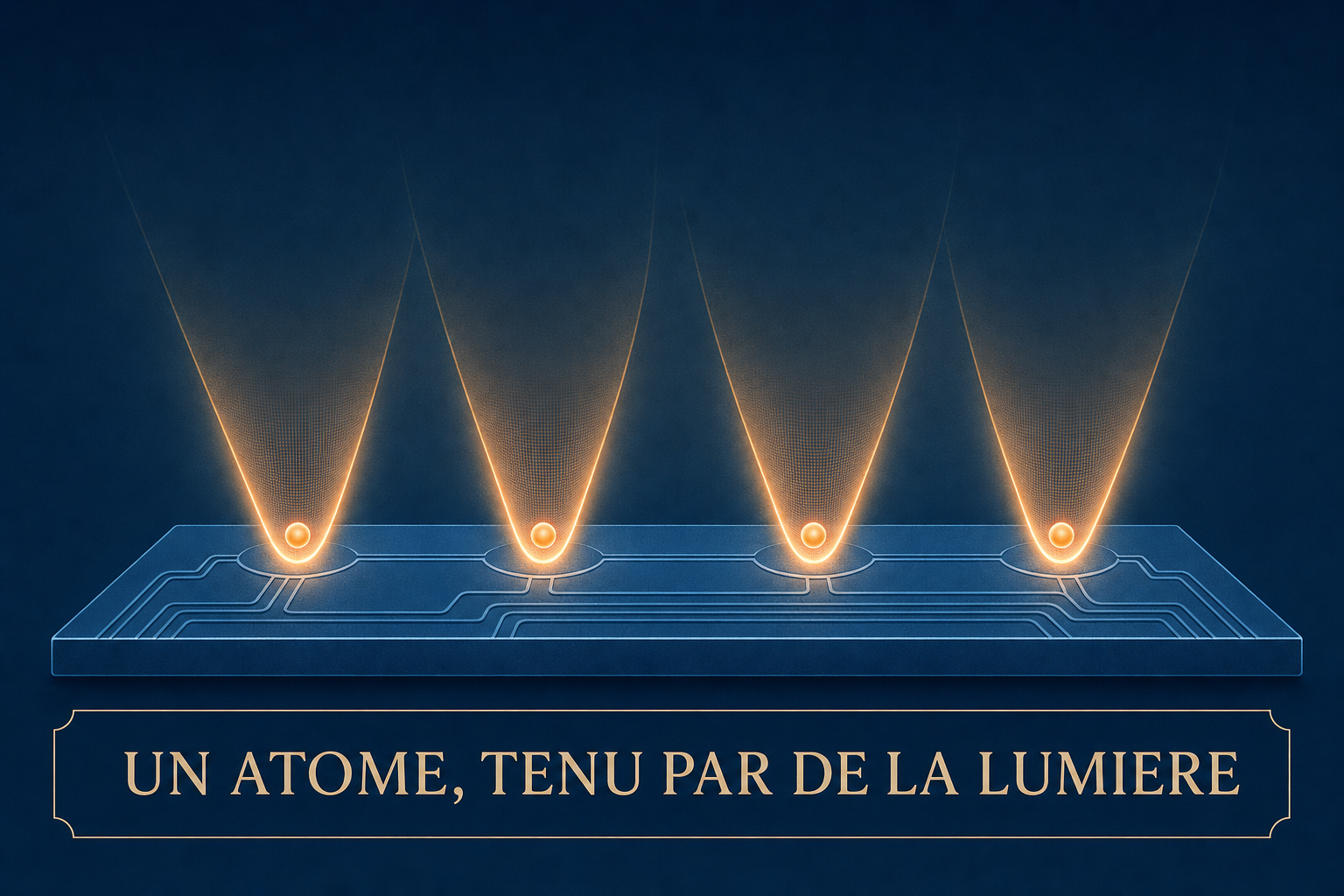 Quatre faisceaux de lumiere sortent d'une puce et retiennent chacun un atome brillant au fond d'un creux