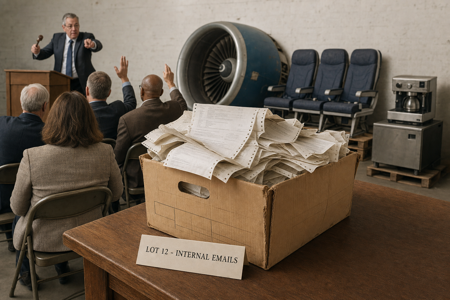 Vente aux enchères de liquidation : un carton de courriers internes posé sur le podium, devant un réacteur et des sièges d'avion invendus