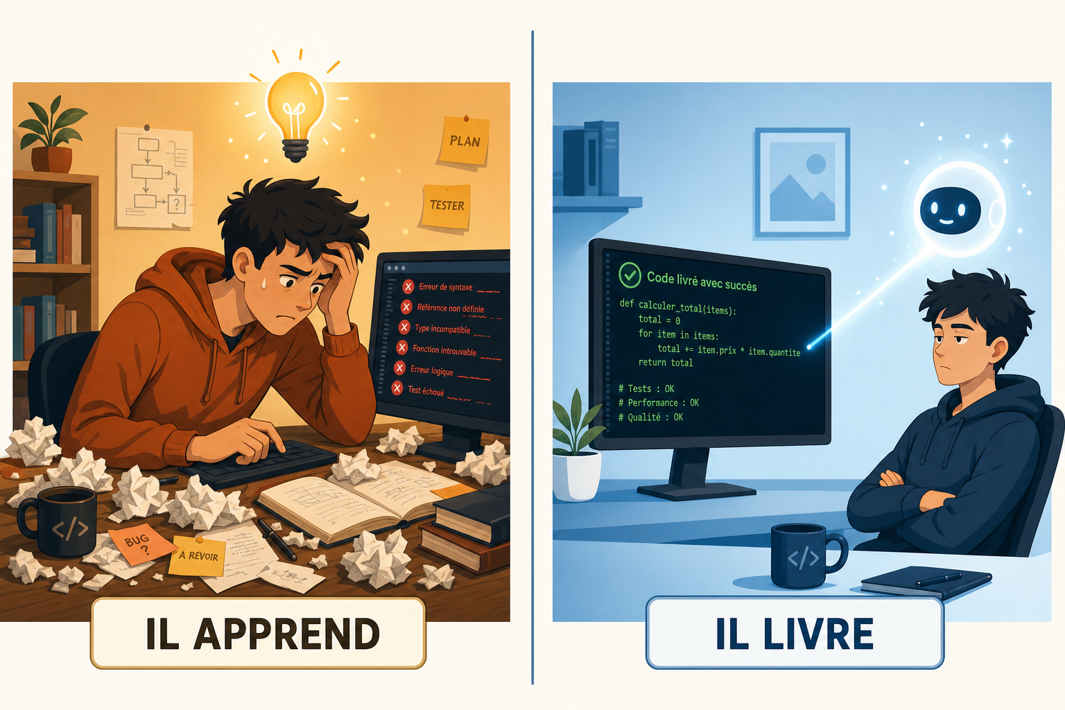 A gauche un junior qui galere sur des erreurs et comprend, a droite un junior qui recoit du code parfait et n apprend rien