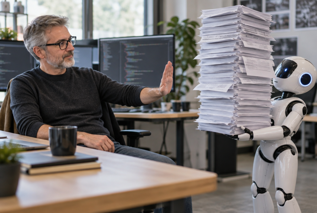 In an office, a calm developer raises his open hand in a stop gesture in front of a small white robot that proudly presents him with a wobbling stack of printed code listings taller than he is
