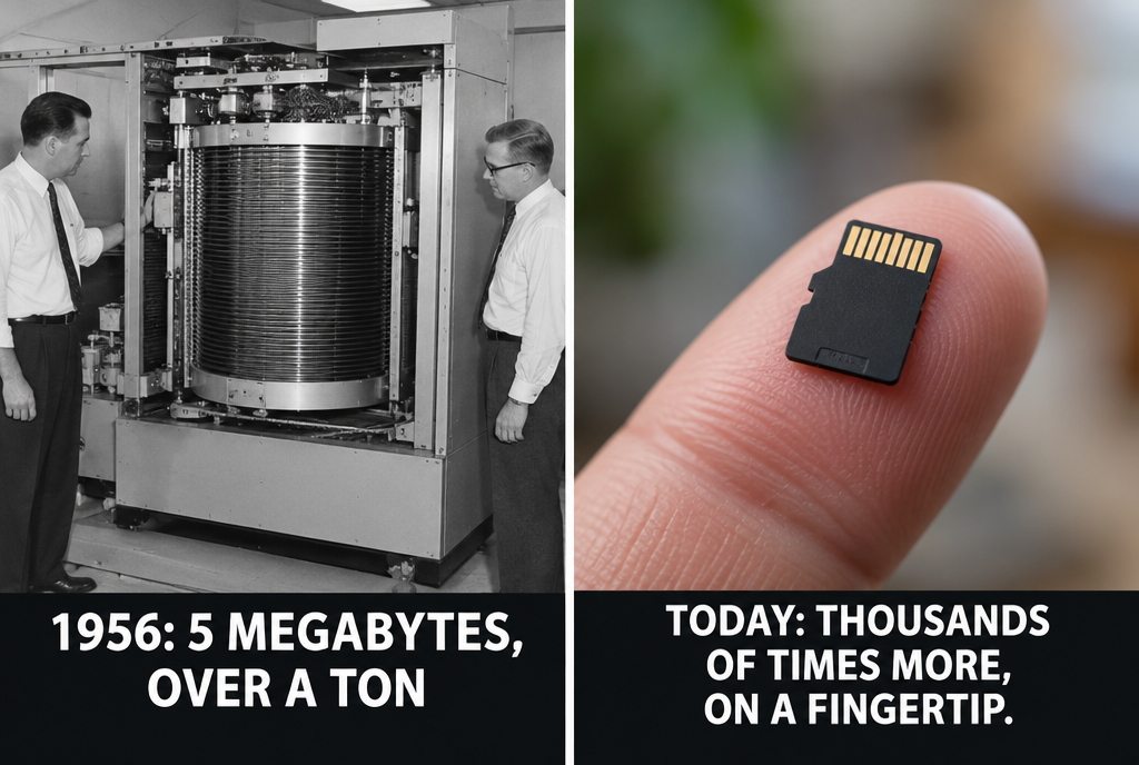 Before and after, side by side: on the left, a black-and-white photo from 1956 in which two technicians stand next to a huge hard disk cabinet, under the label “1956: 5 megabytes, more than a ton”; on the right, a tiny microSD memory card resting on the tip of a finger, under the label “Today: thousands of times more, on one finger”