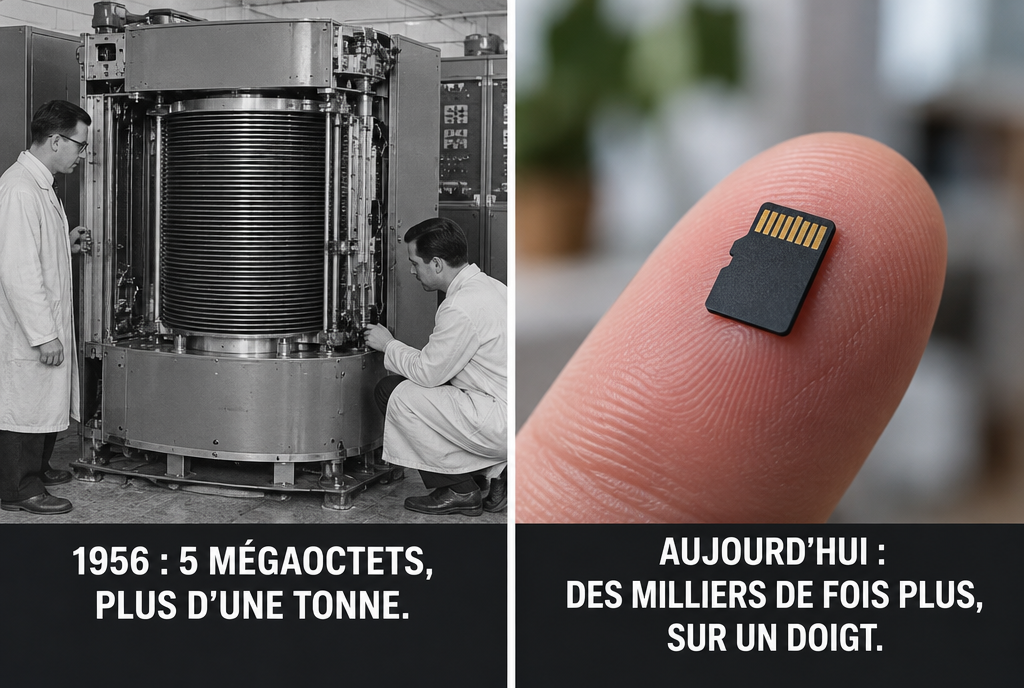 Avant et après, côte à côte : à gauche, une photo en noir et blanc de 1956 où deux techniciens se tiennent à côté d'une énorme armoire de disque dur, sous l'étiquette « 1956 : 5 mégaoctets, plus d'une tonne » ; à droite, une minuscule carte mémoire microSD posée sur le bout d'un doigt, sous l'étiquette « Aujourd'hui : des milliers de fois plus, sur un doigt »