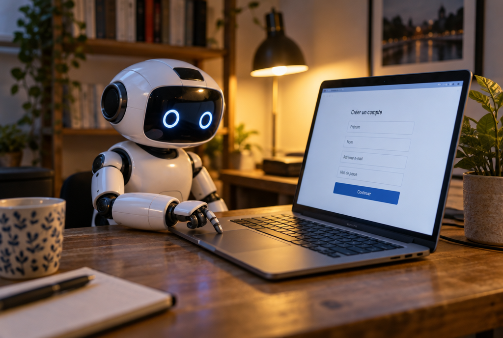A small white desktop robot sits in front of an open laptop on a worktable, one finger resting on the touchpad, the screen displaying a web page with an account creation form being filled out