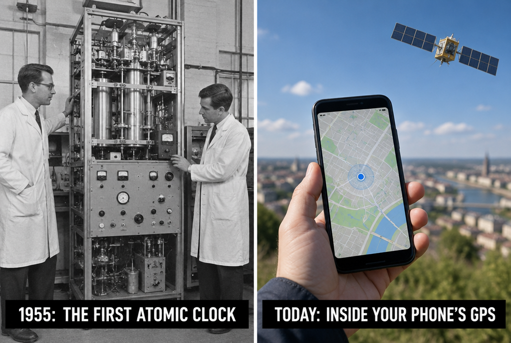 Before and after, side by side: on the left, a black-and-white photo from 1955 where two scientists stand in front of a large metal cabinet full of tubes and dials, under the label “1955: the first atomic clock”; on the right, a hand holds a smartphone showing a map with a blue location dot, with a GPS satellite in the sky, under the label “Today: in your phone's GPS”