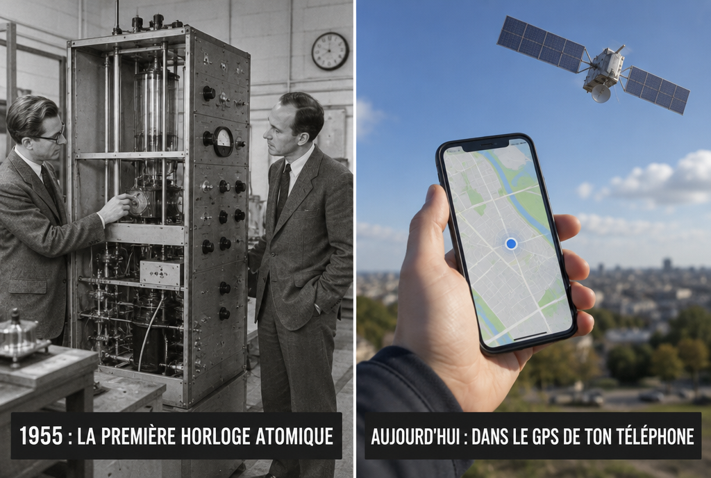 Avant et après, côte à côte : à gauche, une photo en noir et blanc de 1955 où deux scientifiques se tiennent devant une grande armoire métallique pleine de tubes et de cadrans, sous l'étiquette « 1955 : la première horloge atomique » ; à droite, une main tient un smartphone qui affiche une carte avec un point bleu de localisation, avec un satellite GPS dans le ciel, sous l'étiquette « Aujourd'hui : dans le GPS de ton téléphone »