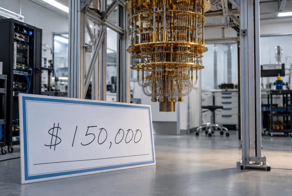 A chandelier-shaped quantum computer made of tubes and copper plates, suspended in a laboratory, with a giant competition check for $150,000 propped against its support