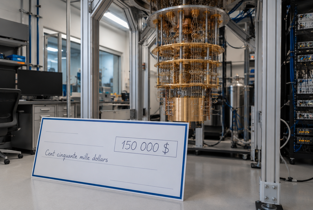 Un ordinateur quantique en forme de lustre doré, fait de tubes et de plaques de cuivre, suspendu dans un laboratoire, avec appuyé contre son support un grand chèque géant de concours portant la somme de 150 000 dollars