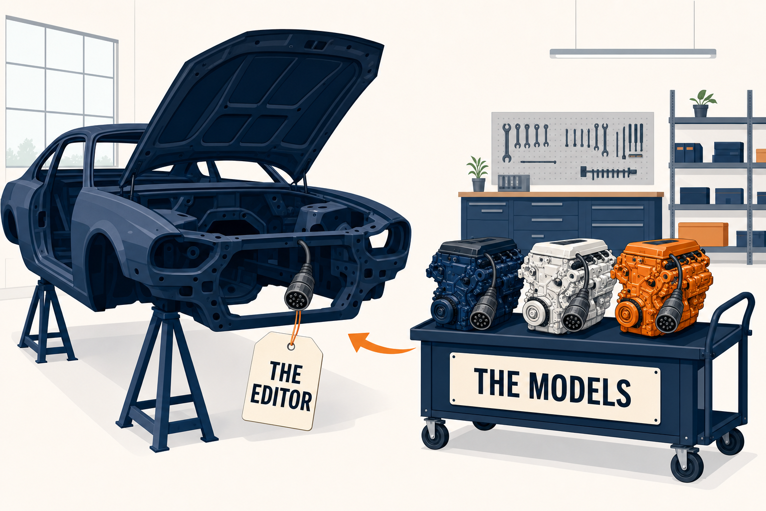 A car body on trestles labeled the editor and three interchangeable engines labeled the models
