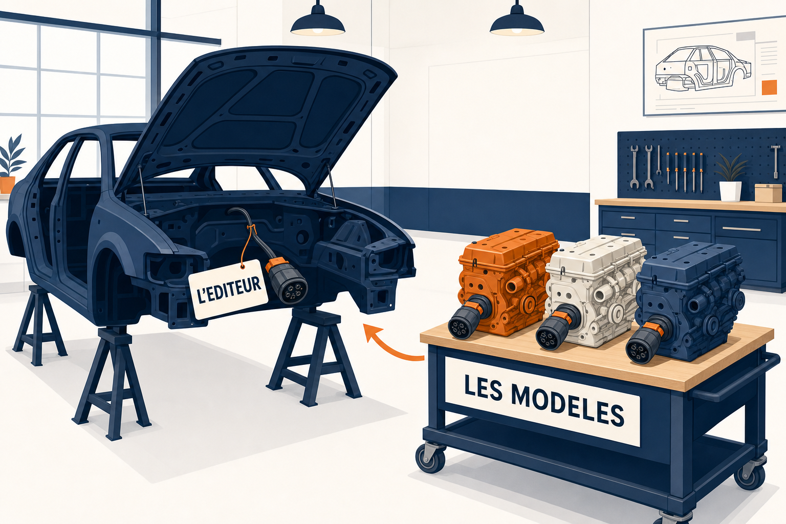 Une carrosserie sur tréteaux étiquetée l'éditeur et trois moteurs interchangeables étiquetés les modèles
