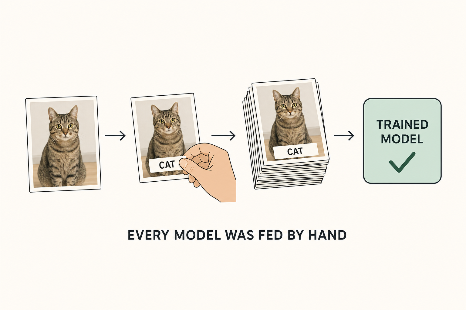 A photo, a hand putting on a label, a stack of images, a trained model