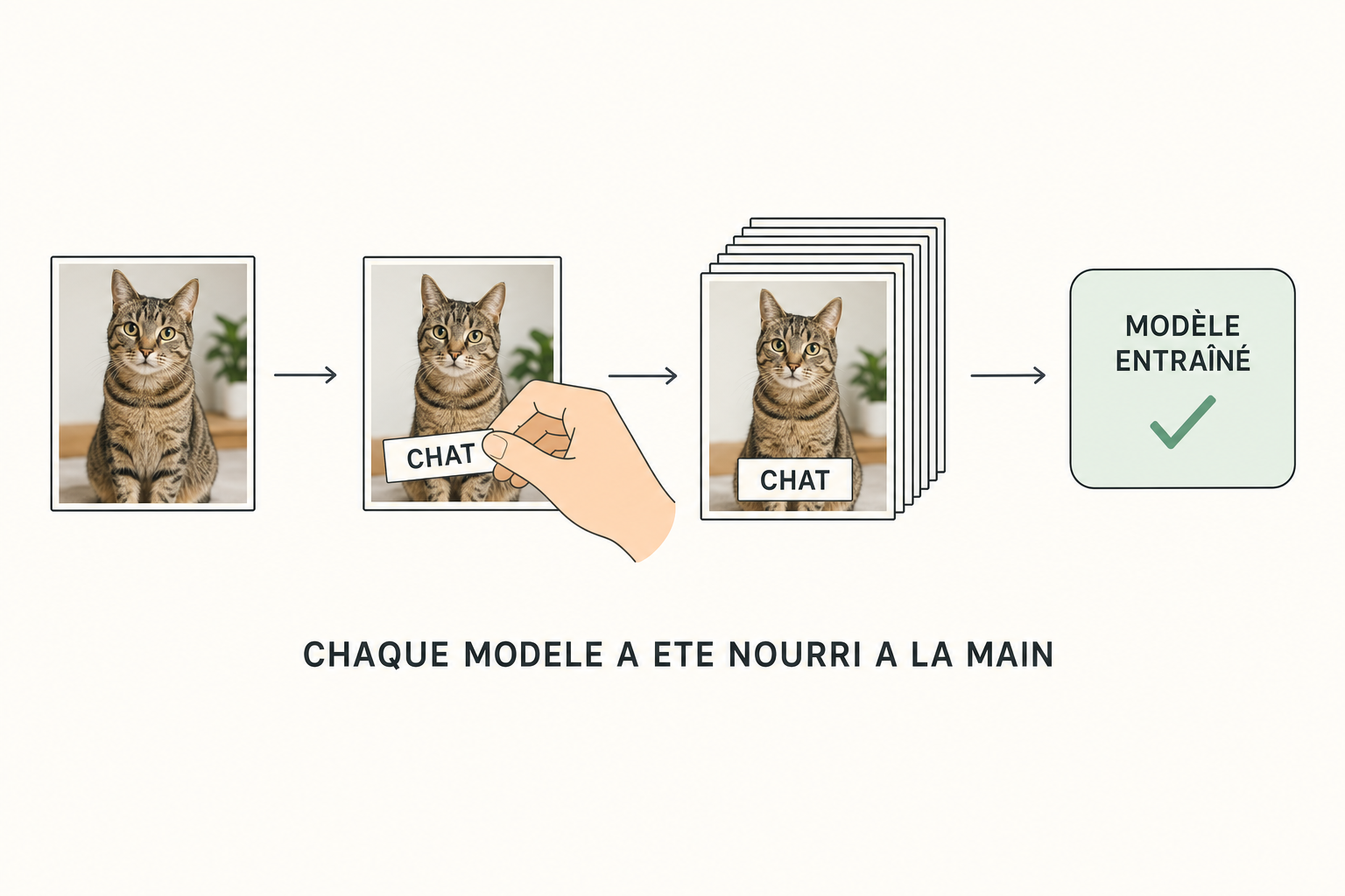Une photo, une main qui pose une etiquette, une pile d'images, un modele entraine