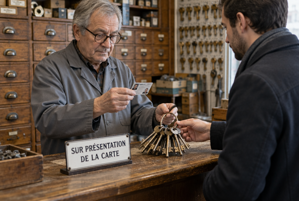 Au comptoir d'une quincaillerie à l'ancienne, un vendeur en blouse grise examine attentivement la carte professionnelle que lui tend un client, avant de lui remettre un énorme trousseau de clés posé sur le comptoir, avec un panneau « Sur présentation de la carte »