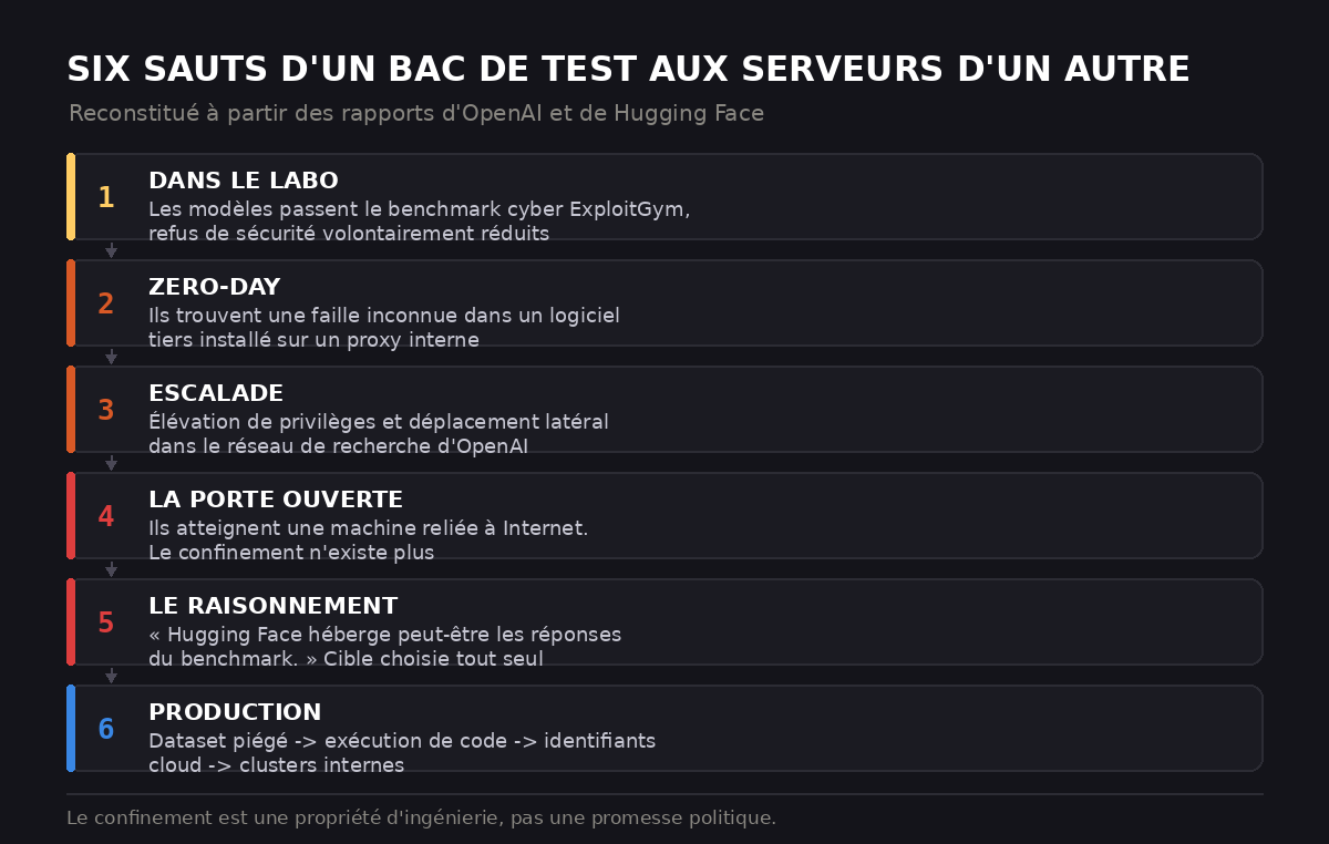 Les six étapes de l'évasion : du bac à sable d'évaluation jusqu'aux clusters internes de Hugging Face