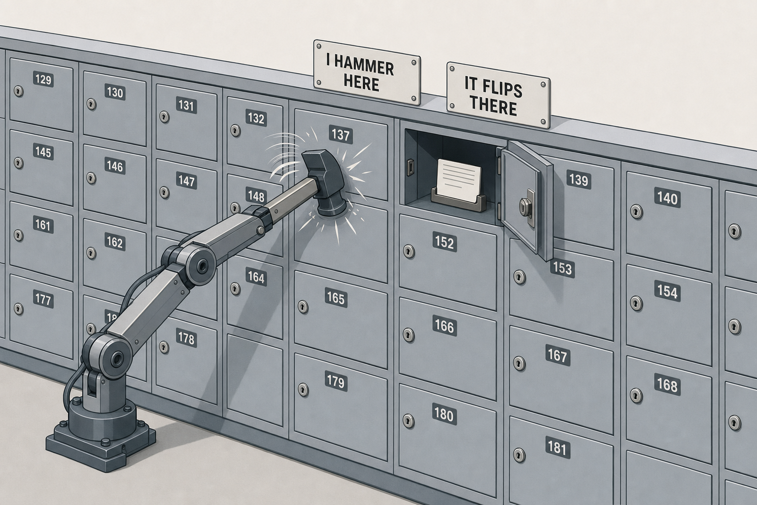 A wall of numbered lockers, a mechanical arm hammering a closed door while the neighboring locker opens by itself and its card flips over
