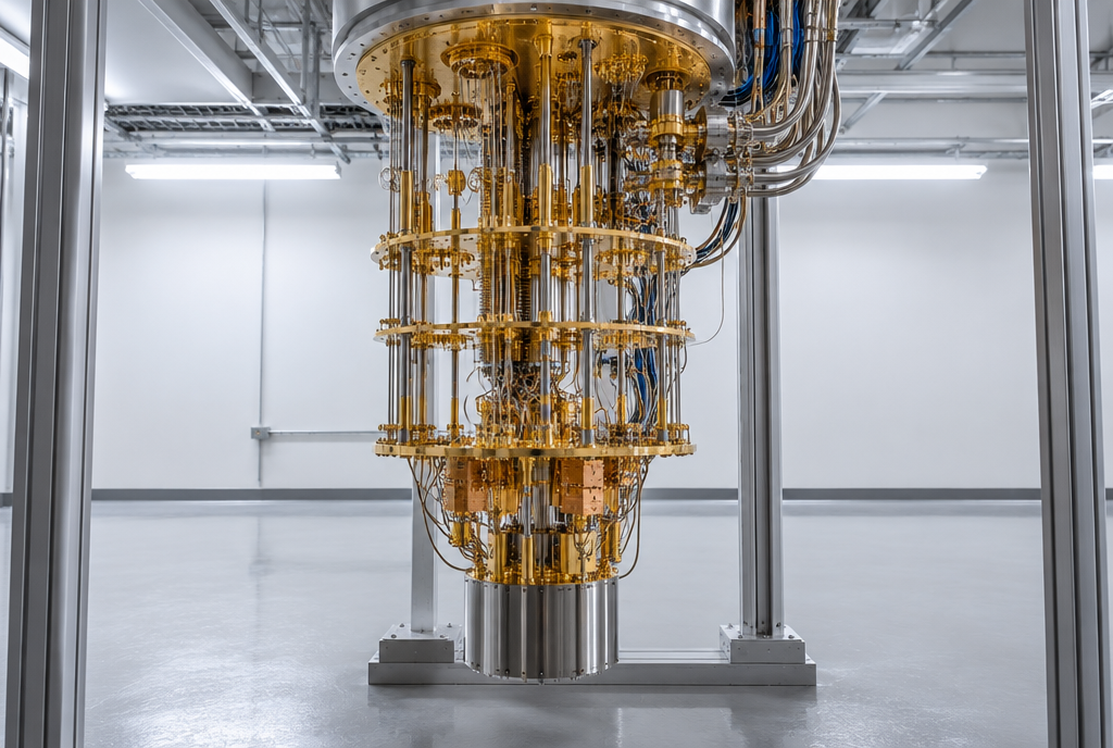 Un cryostat doré en forme de lustre, dans une salle blanche de laboratoire