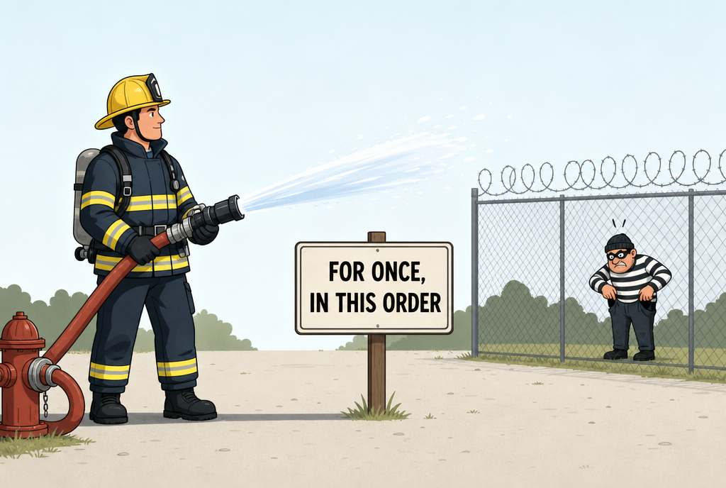 A firefighter is already holding his hose in action while a burglar is still looking for his matches behind a fence
