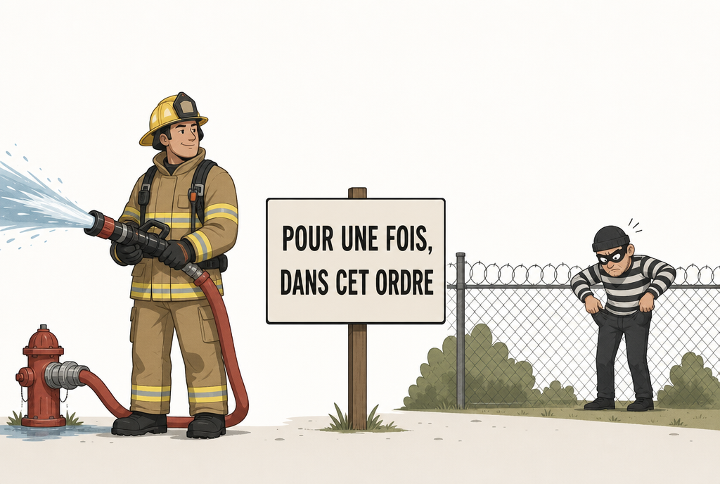Un pompier tient déjà sa lance en action pendant qu'un cambrioleur cherche encore ses allumettes derrière un grillage