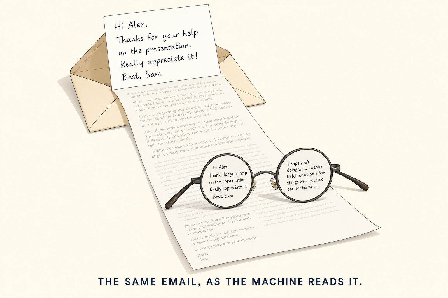 A short letter in an envelope, and beneath it a much longer sheet whose text only appears through glasses