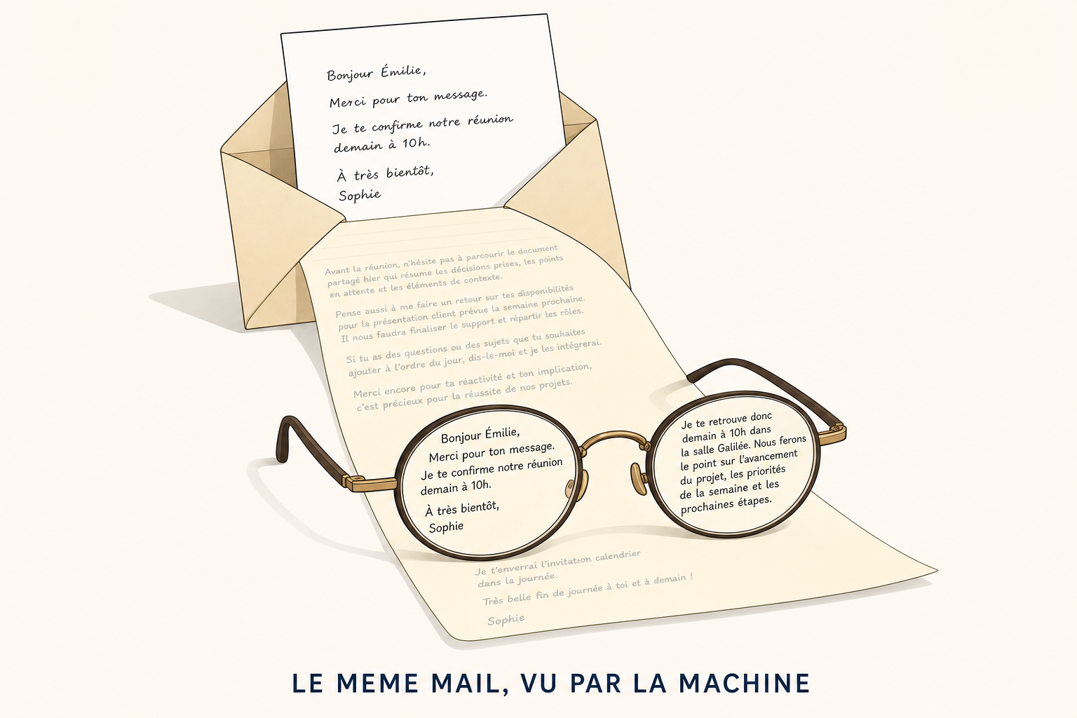 Une lettre courte dans une enveloppe, et sous elle une feuille beaucoup plus longue dont le texte n apparait qu a travers des lunettes